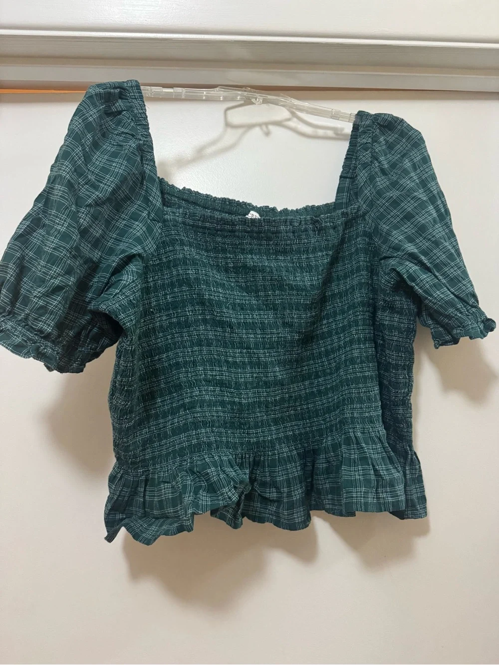 J. Crew Teal Plaid Smocked Square-Neck Puff Sleeve Top